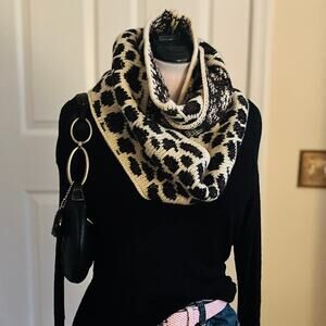 Betsey Johnson | Cream + Brown Leopard Print Knit Infinity Scarf | 2010s Mcbling